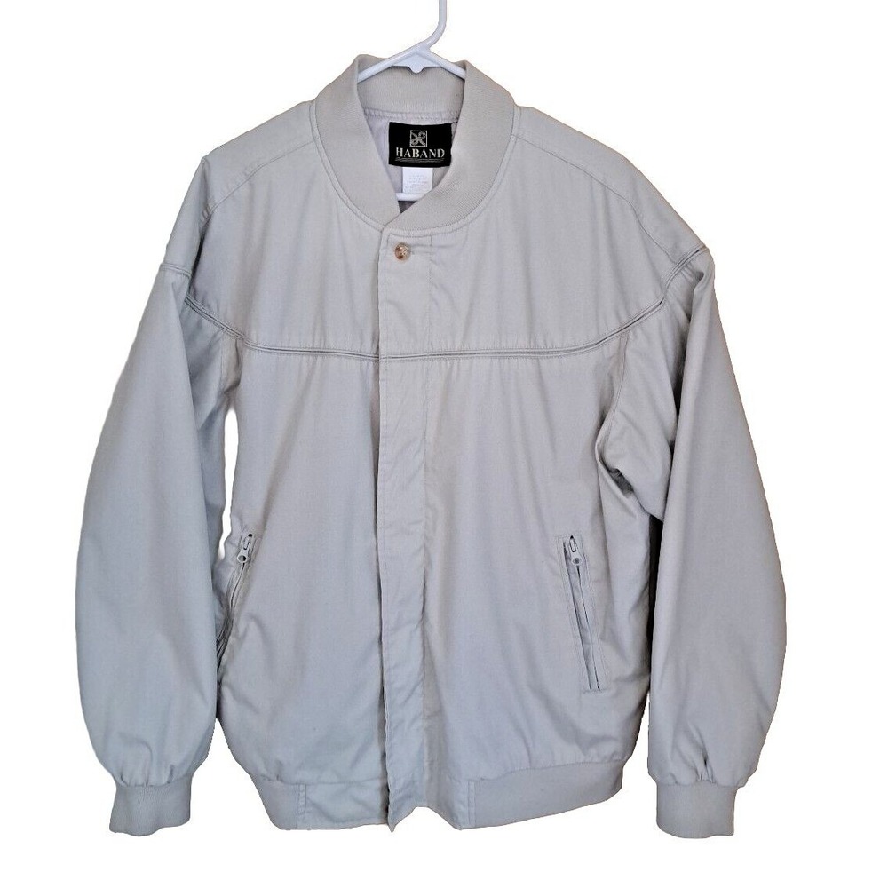 Haband Mens Lg Bomber Jacket Casual Full Zip Pockets‎ Lined Beige Pre-owned